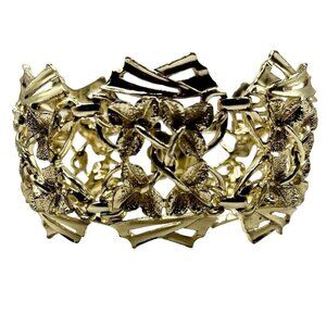 Vintage Gold Tone Filigree Clover Floral Leaf Bracelet Oversized Statement Gaudy